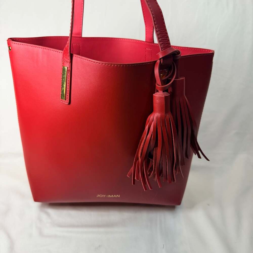 Joy-Iman Red Leather Tote Bag with Tassel
